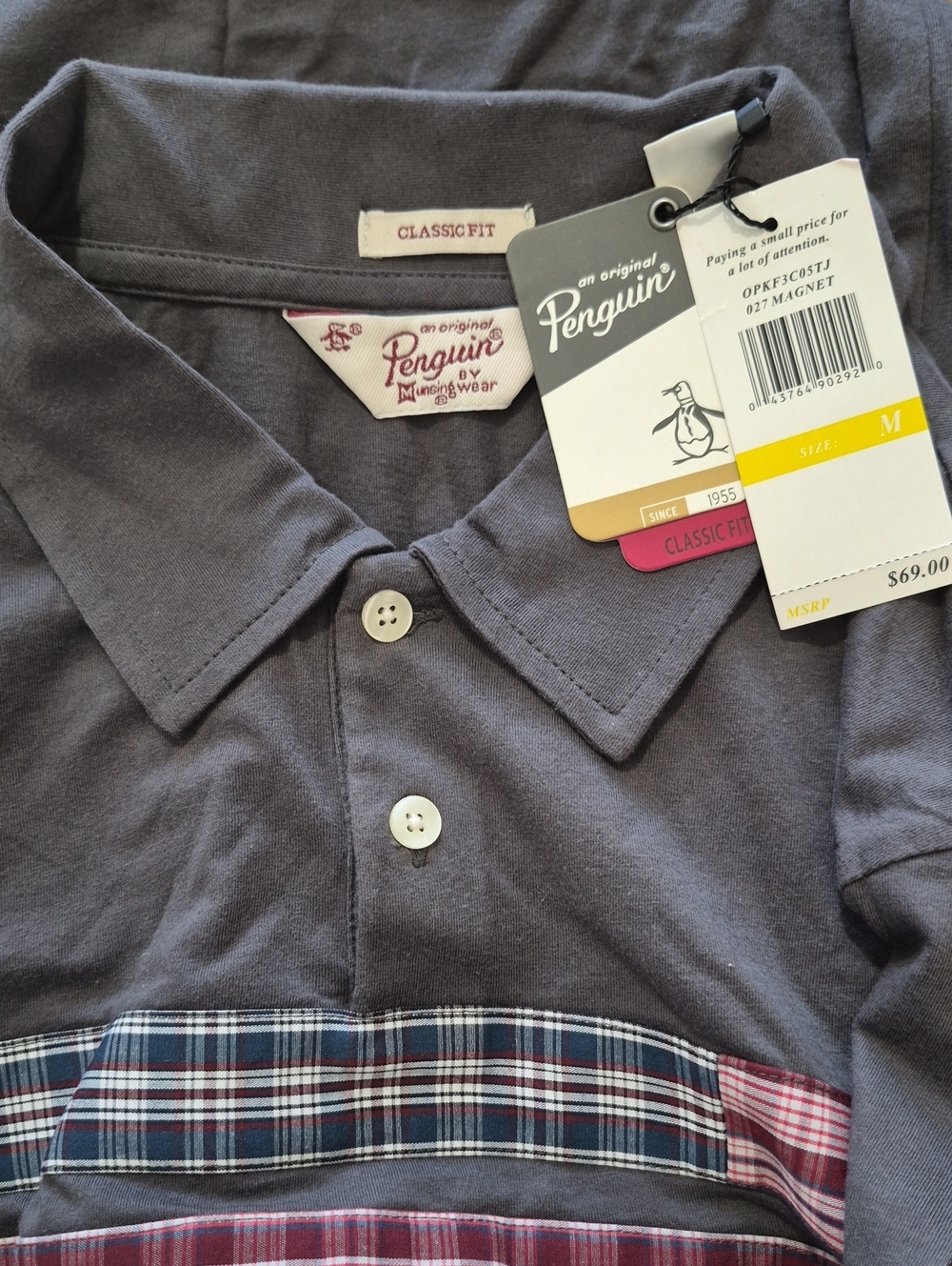 Original Penguin Polo Shirt in Magnet Gray with Plaid Trim